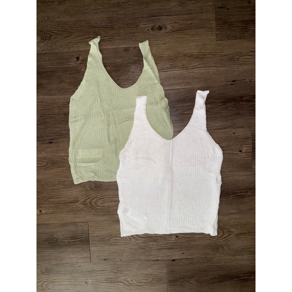 SHEIN Knit Tank Top Bundle 2 Pack White Sage Green V-Neck Sleeveless Sweater M